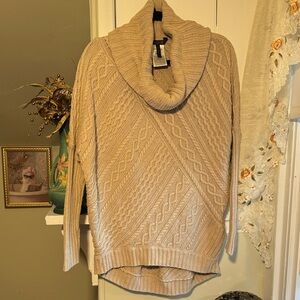 EUC BCBGMaxAzria Beige Cable Knit Cowl Neck Sweater Oversized Long Back